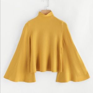 Yellow knit mock neck bat wing sleeve peplum top